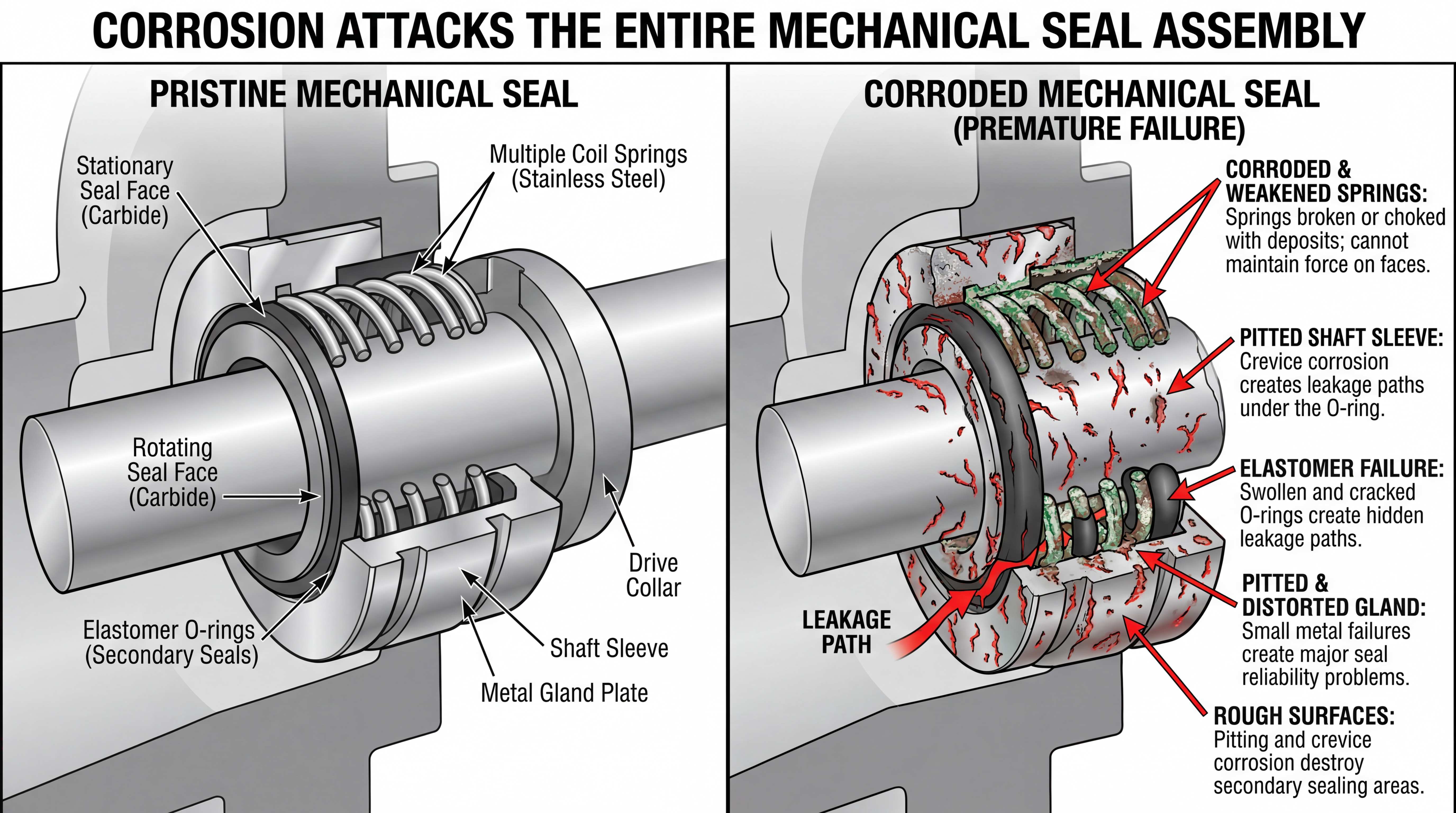 Corrosive fluid mechanical seal failure showing weakened springs pitted shaft sleeve swollen O-rings rough gland surfaces and hidden leakage paths